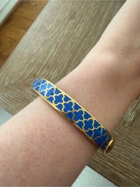 Gold-Tone Blue Enamel Patterned Bangle Bracelet